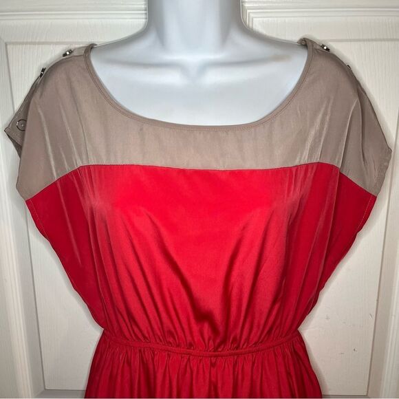 Soprano Short Sleeve Doman Colorblock Mini Dress Coral Red Camel Tan L - Picture 3 of 9